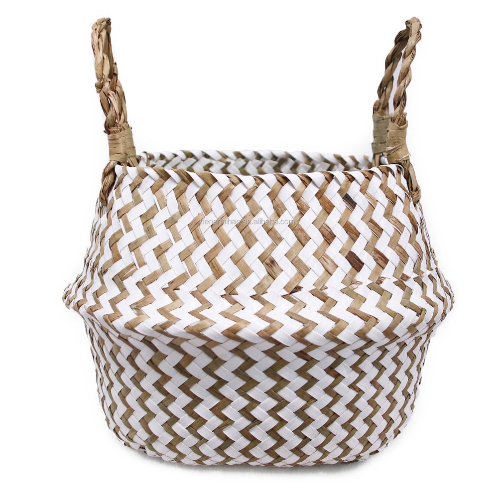 White and Natural Seagrass Belly Basket - decorative storage basket